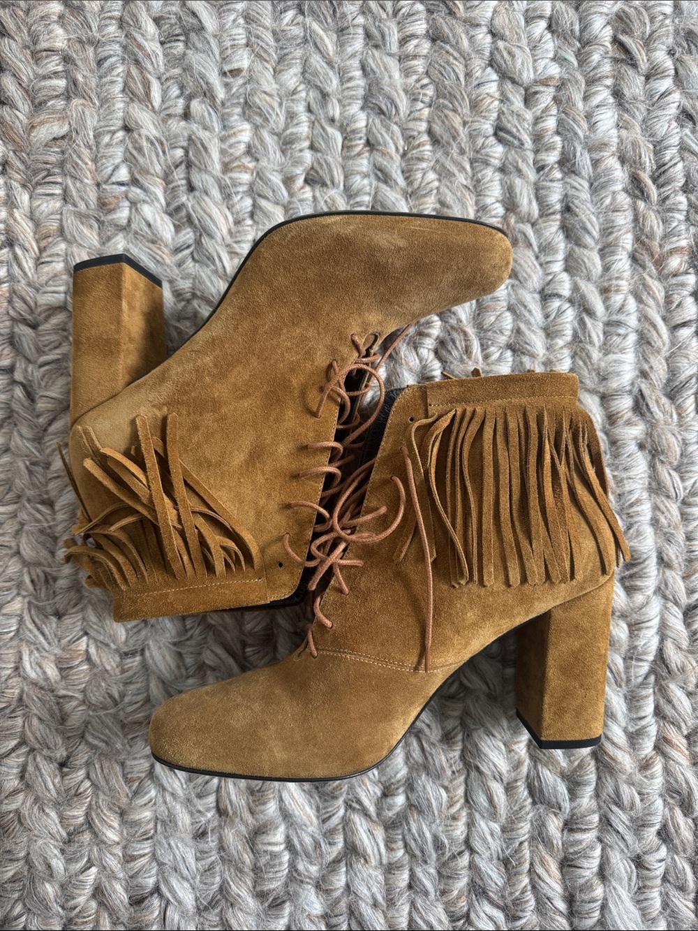 Saint Laurent Suede Fringe Lace-Up Ankle Boots in Tan Brown